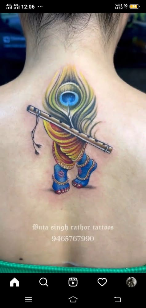 Radhakrishna Tattoo Design, Krishna Feather Tattoo, Rudraksh Tattoo, Lord Krishna Tattoo, Krishna Tattoo Design, Flute Tattoo, Feathers Tattoo, Baroque Tattoo, Goddess Tattoos