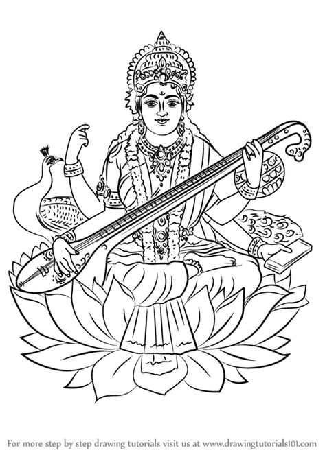 Step by Step How to Draw Saraswathi ati : DrawingTutorials101.com Saraswati Painting, Pencil Drawing Pictures, Buddhist Art Drawing, Boho Art Drawings, Learn Drawing, Indian Art Paintings, Art Drawings Sketches Creative, Hindu God, Hindu Art