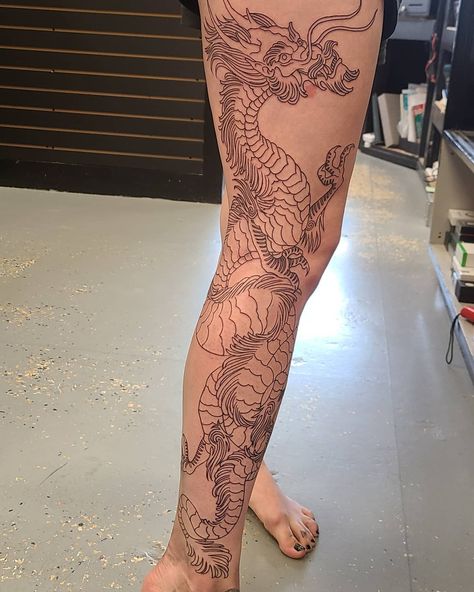 dragon leg progress. cross-posting because I just discovered this wonderful sub! some not-so-traditional linework interior, filling out this beautiful outline // Work by Will Weber at Mutiny Tattoos (Kingston, ON). : r/irezumi Leg Tattoo Dragon, Dragon Wrapped Around Leg Tattoo, Wrapped Around Leg Tattoo, Around Leg Tattoo, Dragon Tattoo Leg, Tattoo Dragon, Keep It To Yourself, Leg Tattoo, Dragon Tattoo