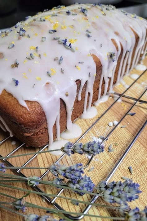 Lemon Lavender Loaf Cake, Lemon Lavender Loaf, Lemon Lavender Desserts, Lemon Lavender Pound Cake, Lavender Lemon Bread, Summer Loaf Cake, Lammas Desserts, Lemon Lavender Recipes, Lemon Loaf Aesthetic