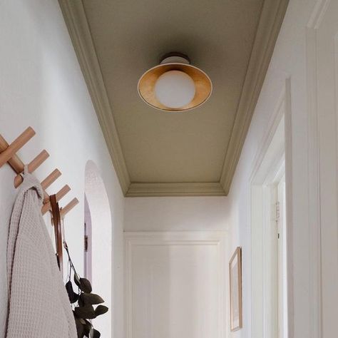 Painted Coving Contrast, Long Narrow Dark Hallway Ideas, Pendants In Hallway, Ceiling Painted Different Color, Narrow Hallway Styling, Painted Ceiling Hallway Ideas, Hallway Colors Narrow, Dark Upstairs Hallway, Paint Hallway Ceiling