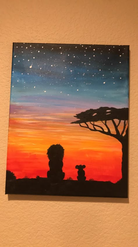 Lion Painting Easy, Painting Ideas On Canvas Disney, Disney Silhouette Painting, Disney Paintings Easy, Simba Rafiki Drawing, Big Canvas Painting Ideas Disney, Simba Painting, Lion King Painting, Lion King Painting Easy