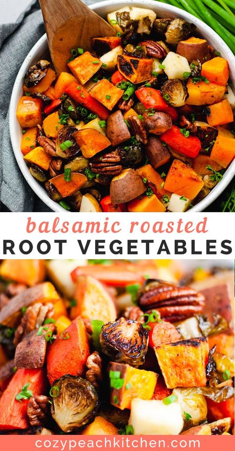 Sweet Potato And Brussel Sprouts, Potato And Brussel Sprouts, Thanksgiving Vegetables Side Dishes, Thanksgiving Vegetable Sides, Sprouting Sweet Potatoes, Roasted Fall Vegetables, Root Vegetables Recipes, Thanksgiving Side Dishes Healthy, Roasted Root Veggies