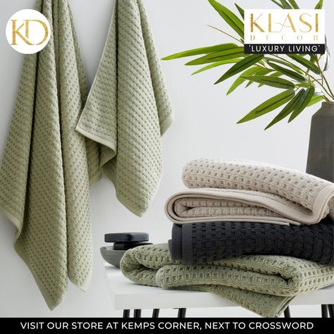 Wrap yourself in softness and style! 🚿
.
Visit our store 📍 @KempsCorner, Next to Crossword
.
.
#homedecor #decorlovers #decore #decorideas #decoideas #decorate #decoracioninteriores #decorinspo #decorationideas #decolovers #homeideas #homedesignideas #bedsheets #upholstery #outdoor #outdoorupholstery #upholsteryfabric #upholsteredfurniture #bathlinen #bedlinen Bathroom Towel Colors Scheme, Bathroom Towels Colors, Green Bath Towels, Waffle Design, Oak Bathroom, Luxurious Spa, Print Texture, Green Towels, Towel Collection