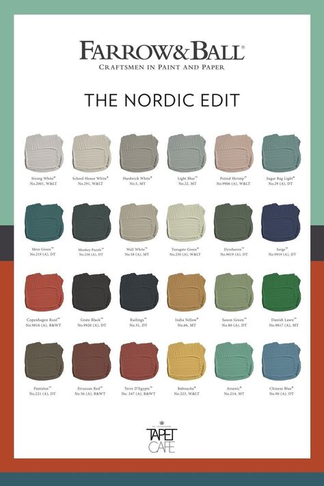 Farrow And Ball Nordic Edit, Scandinavian Design Color Palette, Scandinavian Colour Palette Inspiration, Nordic Paint Colors, Farrow And Ball Colour Schemes 2023, Nordic Color Palette Interior Design, Danish Color Palette, Colorful Nordic Interior, Swedish Color Palette