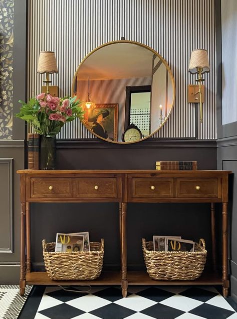 Vintage Foyer Ideas Entryway, Colored Wainscoting, Classic Dining Rooms, Brown Hallway, Liberty Hill Texas, Checkered Flooring, Eclectic Entryway, Wainscoting Ideas, Paneled Walls