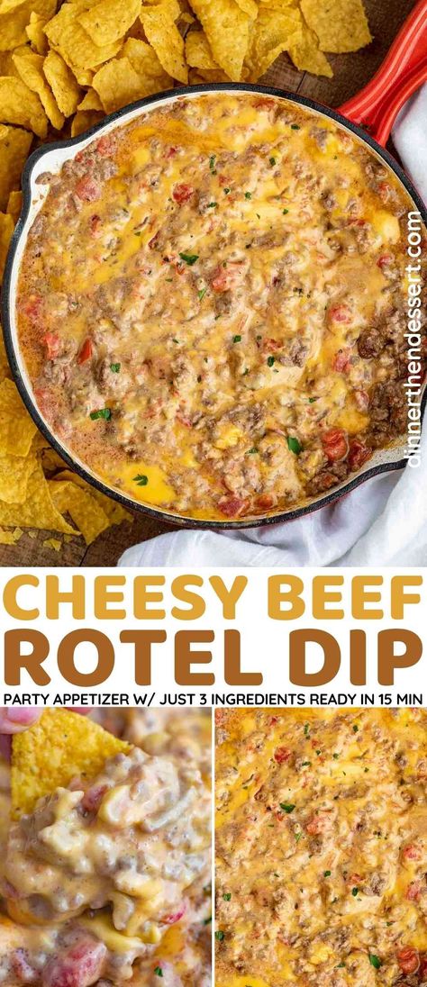 Cheesy Beef Rotel Dip is spicy, creamy, and the EASIEST dip you can make with only 3 ingredients in under 15 minutes! Cheesy Beef Dip, Rotel Dip With Ground Beef Oven, Rotel Dip With Ground Beef Cream Cheese, Beef Rotel Dip, Cheese Dip Velveeta, Rotel Dip With Ground Beef, Velveeta Dip, Hamburger Dip, Rotel Recipes