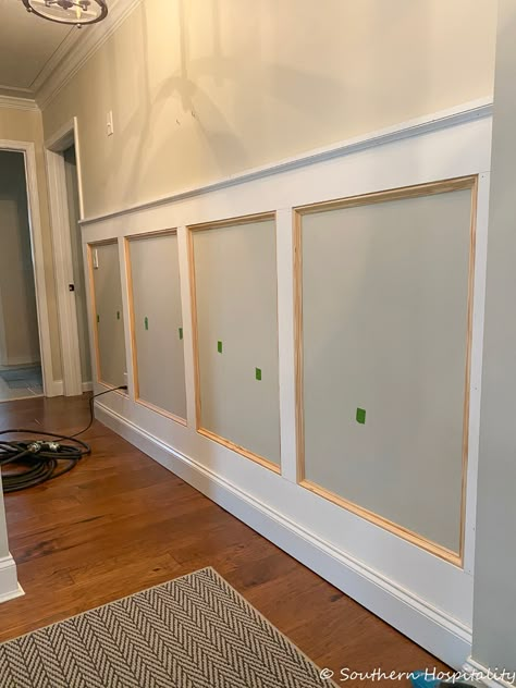 Bathroom Hallway Ideas, Board And Batten With Decorative Trim, Board And Batten Wall With Trim, Upstairs Hallway Board And Batten, Board And Batten Partial Wall, Trim For Board And Batten, Box Wainscoting Wall, Board And Batten Molding, Board And Baton Hallway