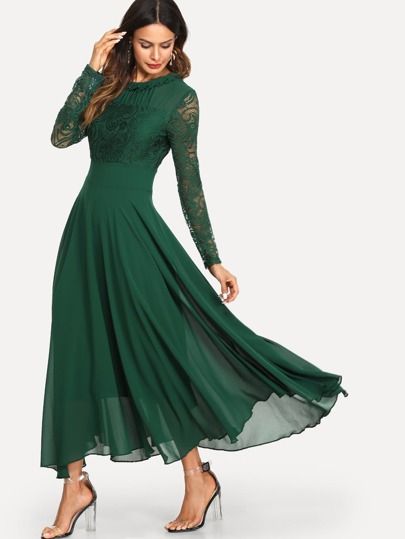 Free Returns ✓ Free Shipping On Orders $49+ ✓. Frill Neck Lace Bodice Flowy Dress- Dresses at SHEIN. Top In Pizzo, Floral Lace Maxi Dress, Floral Wrap Maxi Dress, Dresses For Special Occasions, Tie Maxi Dress, Chique Outfits, Green Dresses, High Waist Dress, Flowy Maxi Dress