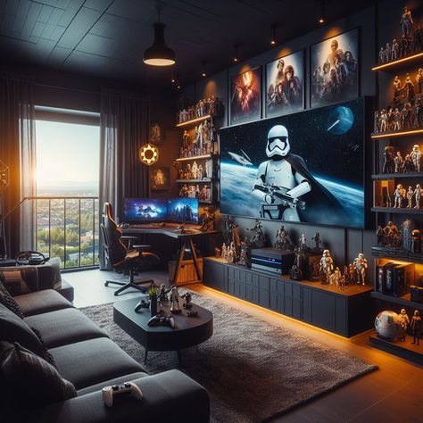 Creating the Ultimate Star Wars Theme Gaming Room Gaming Entertainment Room, Star Wars Themed Game Room, Game Room Entertainment Center Ideas, Gaming And Tv Room, Game Music Room, Geek Home Decor Ideas, Gaming Room Display Ideas, Misc Room Ideas, Hidden Gaming Setup Living Room