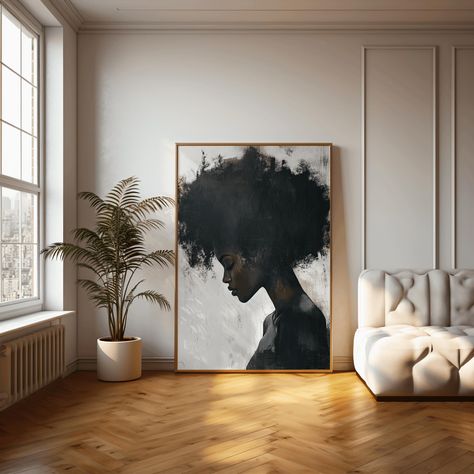 Large Black Art, African Woman Silhouette Painting, Brown Salon Decor Interior Design, Black Art Home Decor, Afro Modern Decor Living Room, High End Wall Art, Afro Chic Home Decor, Dark Eclectic Living Room, Trippy Living Room Ideas