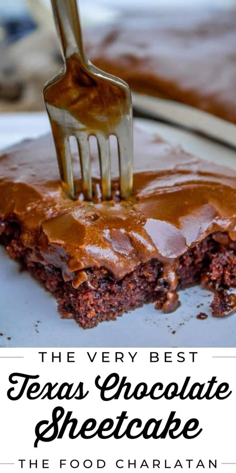 Texas Chocolate Sheet Cake - The Only Recipe You'll Ever Need from The Food Charlatan. This recipe for Texas sheet cake is THE ONE, you guys! Sour cream in the cake and the glaze, brown sugar, and extra cocoa make this the BEST chocolate sheet cake of your life!! This Texas sheet cake is moist, rich, so chocolate-y, and the perfect way to celebrate just about anything and serve a crowd. Just 20 minutes to prep and 20 minutes to bake. This Texas sheet cake recipe is so easy! Great for birthdays. The Best Chocolate Sheet Cake Ever The Pioneer Woman, Texas Sheet Cake With Mayo, Simple Texas Sheet Cake, Devils Food Sheet Cake Recipe, Texas Sheet Cake In 9x13 Pan, Texas Sheet Cake Jelly Roll Pan, Cafeteria Chocolate Sheet Cake, Chocolate Cinnamon Sheet Cake, Texas Sheet Cake With Coffee