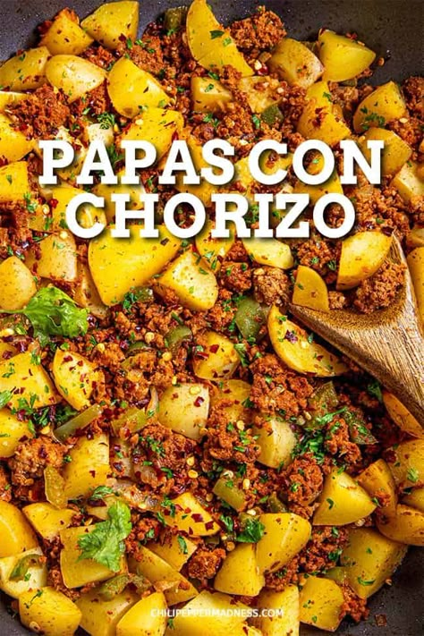 This papas con chorizo recipe is a classic Mexican dish of potatoes cooked with Mexican chorizo, perfect as a filling for tacos, sandwiches or a side dish. Chorizo Recipes Dinner Mexican, Chirozo Tacos, Chorizo And Potatoes Dinner, Chorizo And Potatoes Tacos, Chorizo And Peppers Recipe, Ground Chourico Recipes, Spanish Chorizo Recipes Dinner, Beef Chorizo Recipes Dinners, Chorizo Lunch Recipes