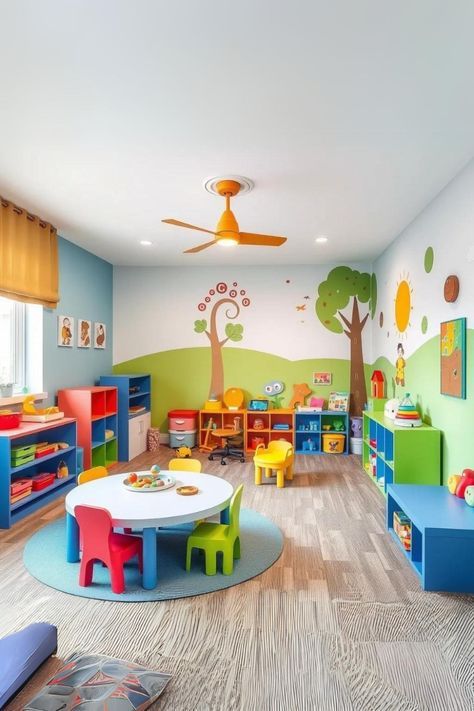 Playroom Ceiling Decor, Bright Fun Playroom, Daycare Design Ideas Classroom Decor, Colorful Daycare Classroom, Daycare Color Palette, Indoor Playground Design Playrooms, Kids Daycare Design, Daycare Colors Schemes, Colorful Playroom Walls