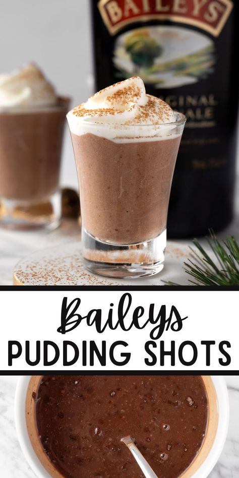 These Baileys Pudding Shots are an easy 4 ingredient recipe that is perfect for making around the holidays. They are made with chocolate pudding and you can easily mix in some Kahlua or vodka. Alcoholic Pudding Shots Recipes, Bailey Jello Shots, Chocolate Pudding Jello Shots, Baileys Dessert Shooters, Pudding Shots With Fireball, Irish Pudding Shots, Baileys Chocolate Pudding Shots, Baileys Jello Shots Recipes, Christmas Chocolate Kahlua & Baileys Pudding Shots