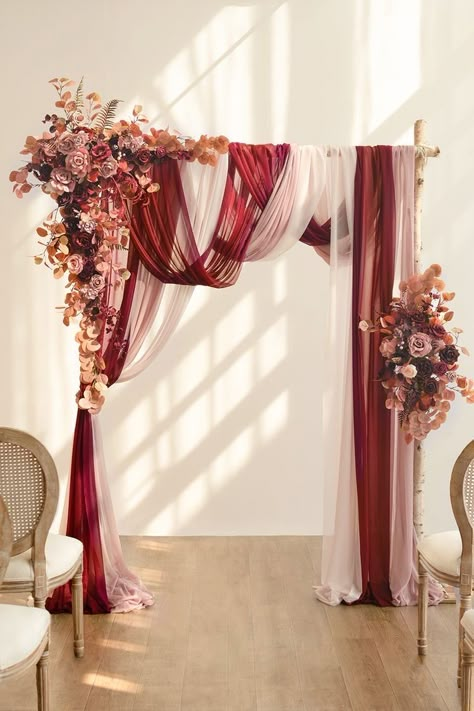 Quince Decorations Burgundy, Maroon And Champagne Wedding, Maroon Wedding Decorations, Wedding Decor Draping, Winter Wedding Arch Ideas, Burgundy Dusty Rose Wedding, Burgundy And Dusty Rose Wedding, Dusty Rose And Burgundy Wedding, Burgundy Wedding Ceremony