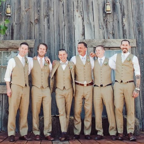 Striking Groomsmen Attire // photo by: The Nichols // http://www.theknot.com/weddings/album/a-retro-rustic-wedding-in-austin-tx-136754 Casual Groomsmen Attire, Casual Groomsmen, Groomsmen Vest, Groom Vest, Groomsmen Outfit, Wedding Groomsmen Attire, Mens Wedding Attire, Groomsmen Outfits, Groom Tuxedo