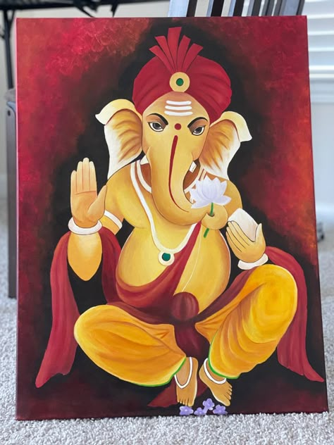 Ganpati Drawing Oil Pastels, Ganpati Paintings Easy, Ganesh Painting Canvases, Rangoli Competition, Switch Board Art, Ganesh Painting, Ganesha Sketch, Ganesh Rangoli, Nice Good Morning Images