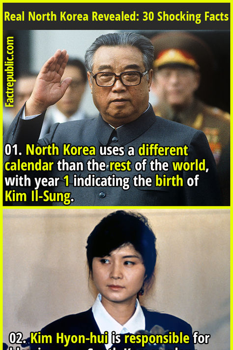 01. North Korea uses a different calendar than the rest of the world, with year 1 indicating the birth of Kim Il-Sung. #northkorea #korea #korean #girl #women #female #woman #shocking #travel #living #world #adventure #asian Facts About North Korea, North Korea Facts, Kim Il Sung, North Korea Kim, Life In North Korea, Because The Internet, Fact Republic, Secret Pictures, Korean History