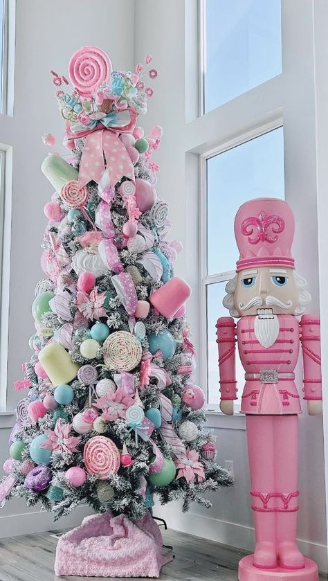 Candy Pink Christmas Tree, Pink Candyland Christmas Tree, Pink Pastel Christmas Tree, Candy Land Christmas Trees, Candyland Holiday Decorations, Nutcracker Christmas Tree Pink, Pastel Candyland Christmas Tree, Candy Land Tree Decorations, Candy Theme Christmas Tree Ideas