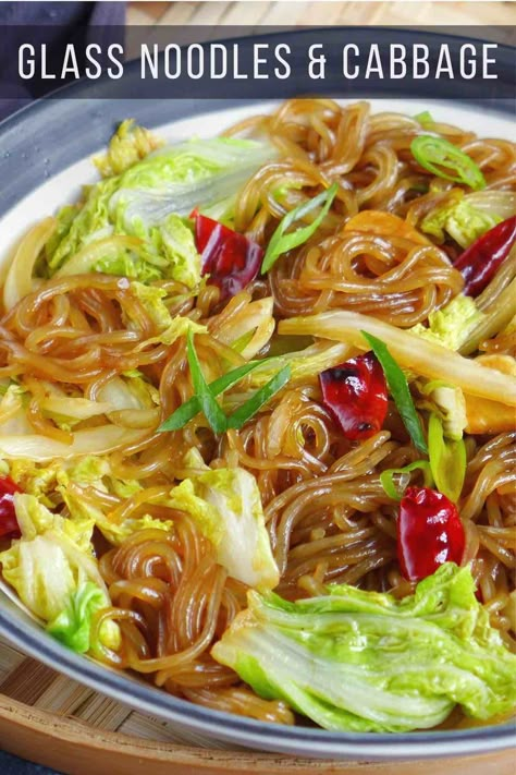 Cook this classic Chinese dish made of silky glass noodles tossed with crunchy napa cabbage in a flavourful braising sauce. It is quick, tasty, and filling! Sweet Potato Glass Noodles Recipe, Napa Cabbage Recipes, Glass Noodles Recipe, Salad Add Ins, Braised Cabbage, Asian Noodle Recipes, Asian Stir Fry, Glass Noodles, Asian Noodle