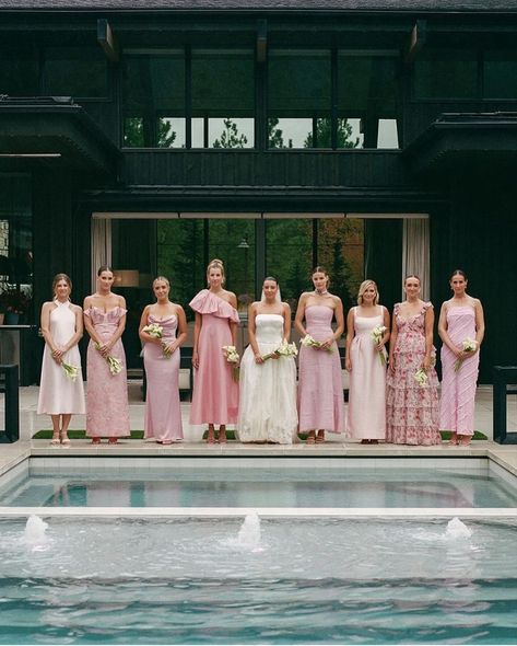 Different Shades Pink Bridesmaid Dresses, Mismatched Rose Bridesmaid Dresses, Pale Pink Bridal Party, Wedding With Pink Color Schemes, Mix And Match Bridesmaid Dresses Pink, Different Pink Bridesmaid Dresses, Different Shades Of Pink Bridesmaids, Blue And Pink Bridesmaid Dresses, Mismatched Pink Bridesmaid Dresses