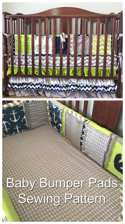 Rag quilt style crib bumpers sewing pattern. If baby is a wriggler and gets arms and legs stuck out through the crib bars, these soft and pretty bumpers can prevent that. Rag quilt tutorial. Crib bumpers tutorial. Nursery sewing projects. #SewingForBabies #BabySewingPatterns #CuteBabyPatterns #QuickSewingPattern #EasySewingPattern Sew Crib Sheet, Crib Bumper Diy, Crib Bumper Pattern, Diy Crib Set Pattern Nursery Bedding, Diy Crib Bedding, Crib Bumper Tutorial, Sew Crib Bumper, Crib Bumper Pads, Nursery Sewing