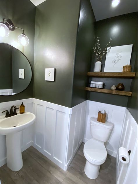 Dark Green Bathrooms, Ruang Tv, Powder Room Remodel, Toilet Room Decor, Small Toilet Room, Downstairs Toilet, Toilet Room, Bathroom Remodel Designs, Half Bathroom