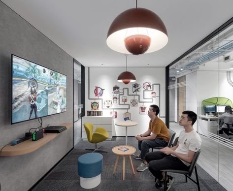 Shangyoo Game Offices - Shenzhen | Office Snapshots Vr Room, Glass Graphics, Zen Office, Office Graphics, Games Room Inspiration, Breakout Space, Student Lounge, Gaming Lounge, Meeting Room Design