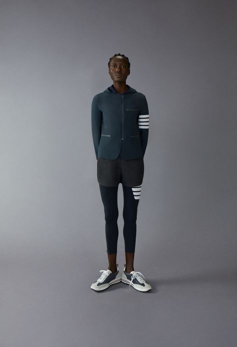 Thom Browne Runs 8 Miles a Day In This Outfit—Now You Can Too | Vogue Thome Brown, Thom Browne Suit, Miami Photos, Oversized Parka, Toronto Photos, Running Wear, Tortoise Shell Sunglasses, Compression Tights, Running Tights