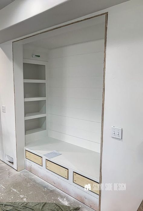 How To Turn A Closet Into A Reading Nook, Closet With Built In Shelves, Entryway Bench Built In Closet, Book Shelf In Closet, Built In Closet Bench, Closet Bench Ideas, Closet Bench Seat, Built In Reading Nook, Nook Shelving