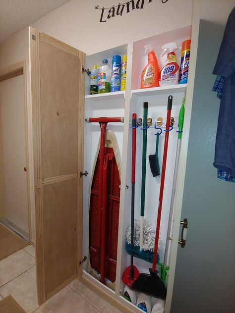 Small Laundry Room Ironing Board Ideas, Small Laundry Room With Ironing Station, Small Laundry Room With Ironing Board, Ironing Board And Broom Storage, Narrow Utility Closet, In Wall Broom Closet, Laundry Room Mop And Broom Storage, Coat Closet In Laundry Room, Laundry Room With Cleaning Storage