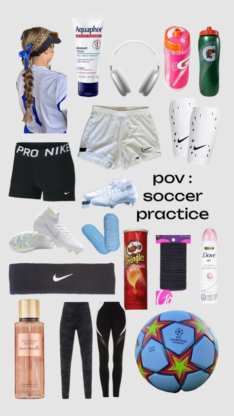 soccer practice Soccer Trip Packing List, Soccer Bag Essentials List, Outfits For Soccer Practice, Soccer Outfit Ideas, Soccer Essentials Girls Products, Outfits For Soccer Games, What To Pack In Your Soccer Bag, Soccer Tryouts Outfits, Soccer Bag Checklist