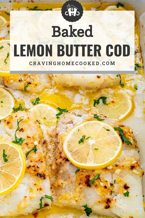 Coated in a garlic lemon butter sauce, this 20-minute Baked Lemon Butter Cod is the quick and easy weeknight recipe you’ve been waiting for! #baked #cod #recipe Fish Recipes Cod Baked, Meal Prep Cod Fish Recipes, Baked Codfish Recipes, Lemon Butter White Fish, Baker Cod Recipes, Lemon Herb Baked Cod, Simple Cod Fish Recipes, How To Cook Cod Fillets In Oven, Microwave Cod Recipes