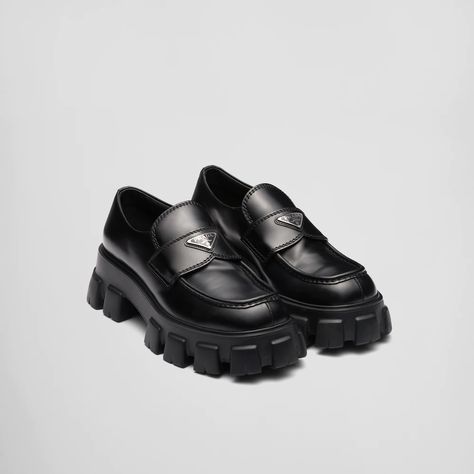 Black Monolith brushed leather loafers | Prada Prada Monolith, Shoes For Guys, Prada Clothing, Prada Loafers, Dr Shoes, Chunky Loafers, Loafer Shoes Women, Black Leather Loafers, Black Loafers