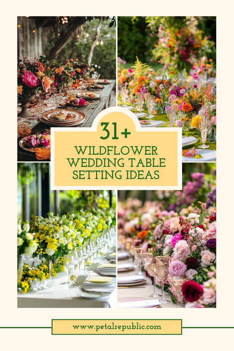 From whimsical boho vibes to romantic countryside charm, these wildflower wedding table designs will take your celebration to the next level! 🌼 Think lush centerpieces, delicate blooms, and unique table settings that blend natural beauty with effortless elegance. Perfect for outdoor weddings, rustic themes, or anyone looking to add a touch of nature to their special day. 💐  👉 Click to explore all the stunning ideas and start planning your picture-perfect wildflower wedding today! 🌿 Wildflower Table Setting Round, Outdoor Wedding Decorations Summer Reception Ideas Table Settings, Wedding Table Settings Decor, Spring Wedding Tables, Bud Vase Tablescape Wedding, Wildflower Table Decor, Wildflower Centerpieces Round Table, Wildflower Wedding Theme Table Settings, Wildflower Wedding Color Palette