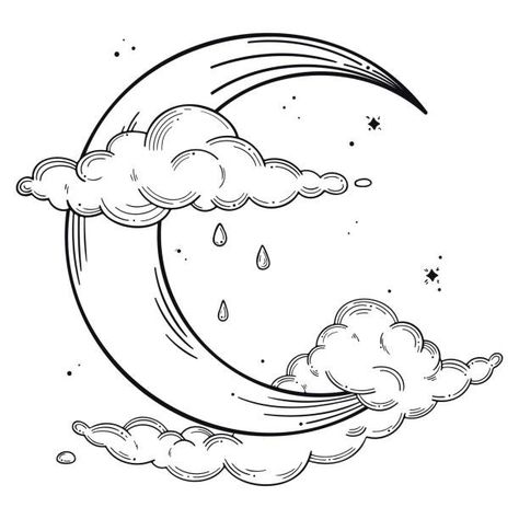 Black And White Vector, Sky Images, Line Art Illustration, Moon Clouds, Moon Illustration, Cloud Drawing, Outline Drawings, Doodle Art Designs, Free Vector Art