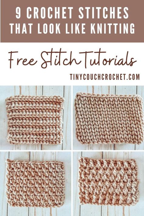 Is there a crochet stitch that looks like the knit garter stitch? What about the stockinette stitch? Knit ribbing? These crochet stitches look like knitting! Make a knit-like garment with your crochet hook. Click here for free faux-knit crochet stitch tutorials. Tiny Couch, Crochet Ribbing, Crochet Texture, Ribbed Crochet, Crochet Stitches For Blankets, Crochet Knit Stitches, Linen Stitch, Yarn Patterns, Easy Crochet Stitches