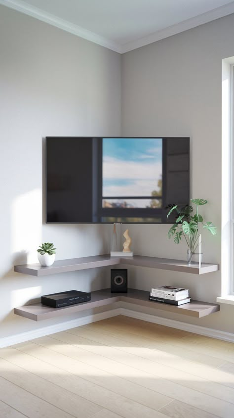 12 Hidden TV Ideas for Corner Spaces to Maximize Style and Functionality – Balanced Home Living Corner Tv Swivel Mount, Corner Tv Floating, Flat Wall Tv Ideas, Small Tv Corner Ideas, Mounted Corner Tv Ideas, Tv Wall Corner Design, Tv In A Small Living Room, Shelves Above Corner Tv, Ikea Tv Wall Unit Ideas Bedroom