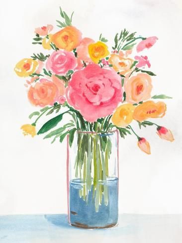 size: 12x9in Art Print: Bright Flowers I by Aria K : Dorm Prints, Dorm Art, Cute Paintings, Collage Design, Bright Flowers, Art Collage Wall, Beautiful Vase, Fine Arts Posters, Pin Board