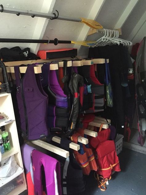 Life Jacket Storage Ideas, Jacket Storage Ideas, Life Jacket Storage, Lake Storage, Lake Shed, Dock Storage, Jacket Storage, Dock Ideas, Kayak Storage Rack