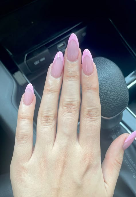 Barbie inspired pink on punk french tips Pink French Round Nails, Pinkish French Nails, Pink Rounded French Tip Nails, Barbie French Tip Nails, Light Pink French Tip Nails Round, Thick Pink French Tip Nails, Barbie Core Nails, Almond Pink French Tip Nails, Baby Pink French Tips