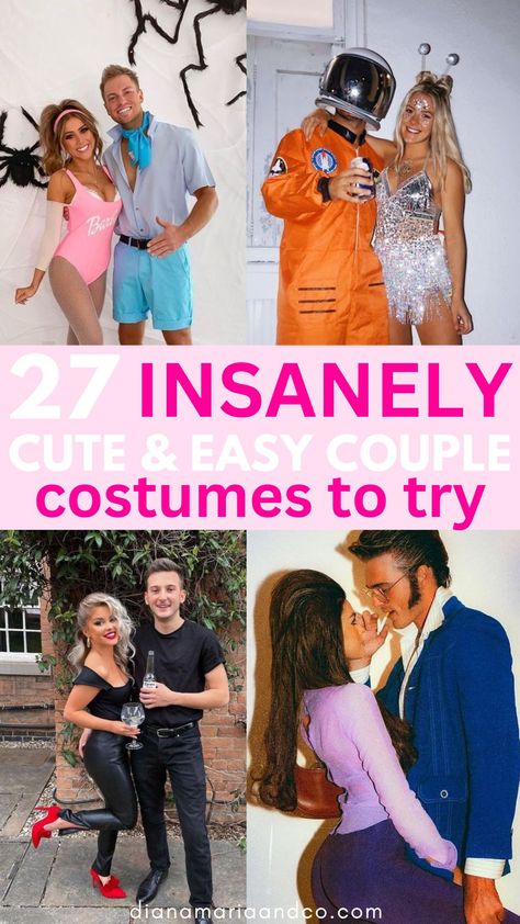 This is one of my favorite lists of cute couple costumes for Halloween. If you love an easy couple costume, you'll love this list! Cheap Easy Couples Halloween Costumes, Pretty Woman Costume Couple, Easy Couple Costumes Diy Last Minute Homemade Halloween, Tall And Short Couple Costumes, Trendy Couple Halloween Costumes 2023, 50s Couple Costume, 70s Halloween Costume Couples, Modest Couple Halloween Costumes, Monica And Chandler Costume