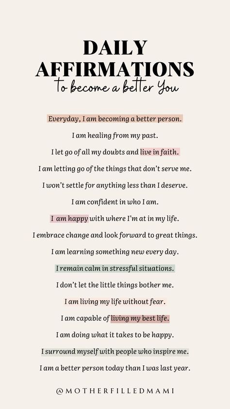 Positive daily affirmations to help you become a better you. The goal is to alway be the best versions of ourselves. Whether its emotionally, mentally, physically or spiritually. #selfcare #dailyaffirmations #dailypositiveaffirmations #affirmations #iam Daily Affirmations For Self Improvement, Empowered Affirmations, Best Positive Affirmations, Good Daily Affirmations, Why Are Affirmations Important, Every Day Affirmations, Positive Quotes And Affirmations, Affirmation List Ideas, Affirmation Prompts