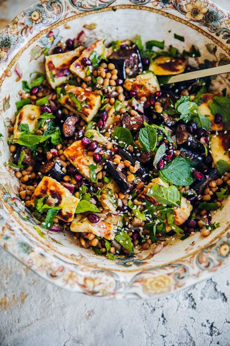 Midsummer Recipes, Healthy Summer Lunch, Lentils Salad, Salad Pomegranate, Vegan Halloumi, Green Lentil Recipes, Roasted Eggplant Salad, Cherries Salad, Halloumi Salad