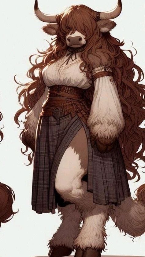 Mink Character Design, Bison Minotaur, Female Giant Character Design, Vulpine Dnd, Owl Folk Dnd, Animal Dnd Characters, Minotaur Cosplay, Dnd Oc Female, Animal People Hybrid Drawings