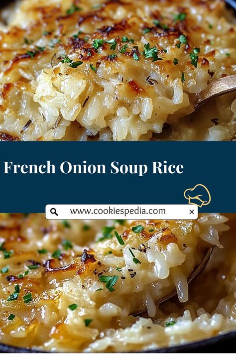 Transform simple ingredients into a flavorful crowd-pleaser with this easy recipe for French Onion Soup Rice! 🧅🍚 Rich, buttery, and irresistibly delicious, it's the ultimate side dish to elevate your next party or family gathering. Ready in under an hour and bursting with comforting flavors. #EasyRecipe #PartyFood Onion Rice Recipe Simple, Cream Of Onion Soup Recipes, French Onion Rice Recipe, Rice With French Onion Soup, Outback French Onion Soup Recipe, Creamy Onion Soup, French Onion Soup Rice, Onion Soup Rice, Onion Powder Recipe