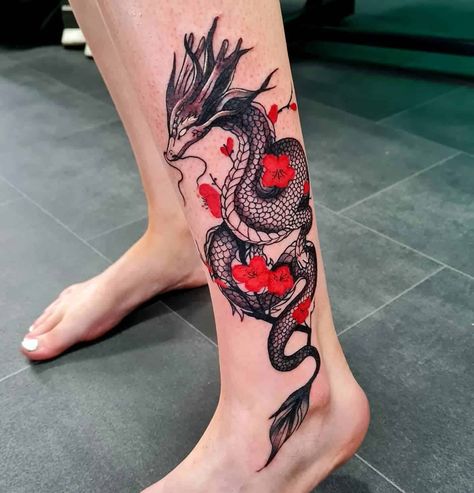 Dragon Leg Tattoo, Dragon Tattoo Leg, Dragon Thigh Tattoo, Red Dragon Tattoo, Dragons Tattoo, Tattoo Snake, Yang Tattoo, Dragon Tattoo Art, Ankle Tattoos For Women