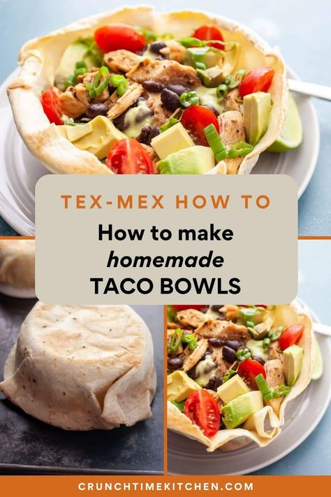 How to make homemade taco bowls for your next taco salad! These are easy to make once you get the hang of it. Kids love them as well! crunchtimekitchen.com #tacobowl #texmex #easyrecipes Taco Shell Bowls, Taco Salad Shells, Bowl Method, Oven Tacos, Hard Shell Tacos, Tacos Chicken, Taco Bowl Recipe, Taco Tuesday Recipes, Beef Nachos