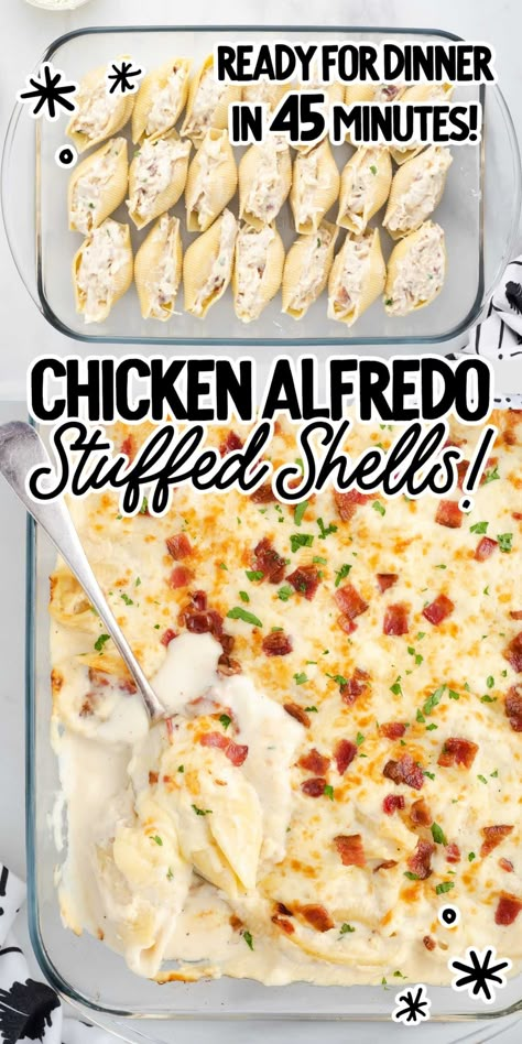 Our chicken alfredo stuffed shells are creamy and cheesy and make a hearty and delicious meal for a busy night. Chicken Alfredo Stuffed Shells, Alfredo Stuffed Shells, Fast Dinner Recipes, Pasta Dinner Recipes, Health Dinner Recipes, Chicken Alfredo, Easy Casserole Recipes, Chicken Dishes Recipes, Stuffed Shells